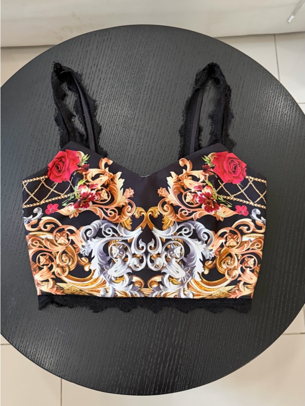 Marciano Black Baroque Floral Crop Top